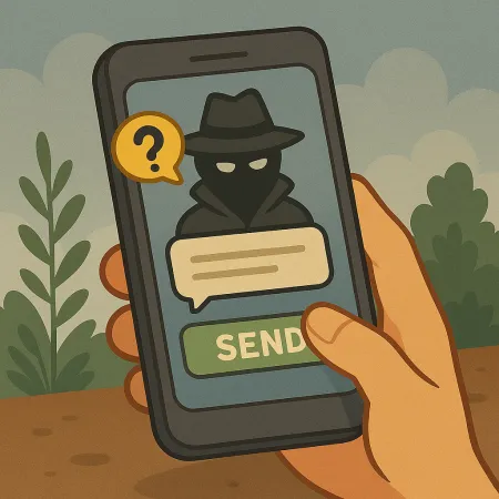 Main tenant un smartphone affichant un personnage masqué en imperméable et chapeau, représentant un expéditeur anonyme. Une bulle de dialogue avec un point d’interrogation est visible, ainsi qu’un bouton vert marqué 'ENVOYER', suggérant l'envoi d'un message anonyme