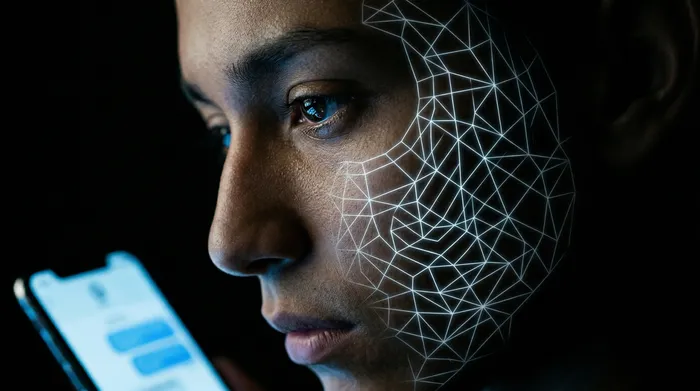 Une main tenant un smartphone affichant une icône de cadenas sur une interface de messagerie, entourée d'un réseau de connexions numériques lumineuses sur un fond noir, illustrant la sécurité des données mobiles.