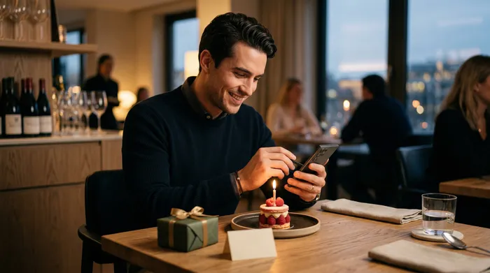 Un homme qui sourit, assis à une table de restaurant, utilisant un stylet sur son téléphone à côté d'un petit gâteau d'anniversaire avec une bougie et un cadeau.