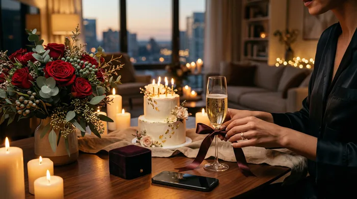 Une femme bien habillée prépare un verre de champagne avec un ruban pendant un dîner romantique aux chandelles, avec un gâteau d'anniversaire et un bouquet de roses rouges sur la table.