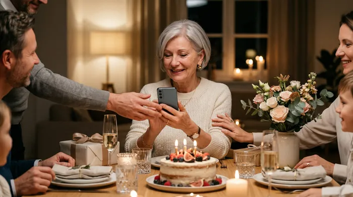 Une femme âgée qui sourit, regardant son téléphone pendant un dîner d'anniversaire, entourée de sa famille avec un gâteau et des cadeaux sur la table.