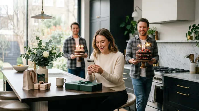 Une femme qui sourit, assise dans une cuisine moderne, regarde son portable, pendant que deux hommes derrière elle lui présentent des gâteaux d'anniversaire avec des bougies allumées.