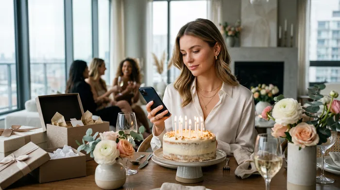 Une jeune femme blonde qui sourit, assise à une table avec un gâteau d'anniversaire allumé, en train de regarder son téléphone pendant une fête entre copines dans un appartement bien éclairé.