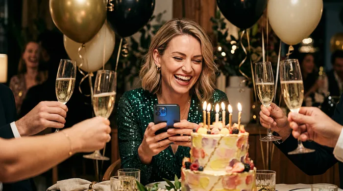 Une femme qui sourit en robe verte à paillettes regarde son téléphone devant un gâteau d'anniversaire décoré de bougies, entourée d'amis qui trinquent avec des verres de champagne pendant une fête.