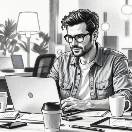 Illustration style croquis d'un homme concentré travaillant sur son ordinateur.